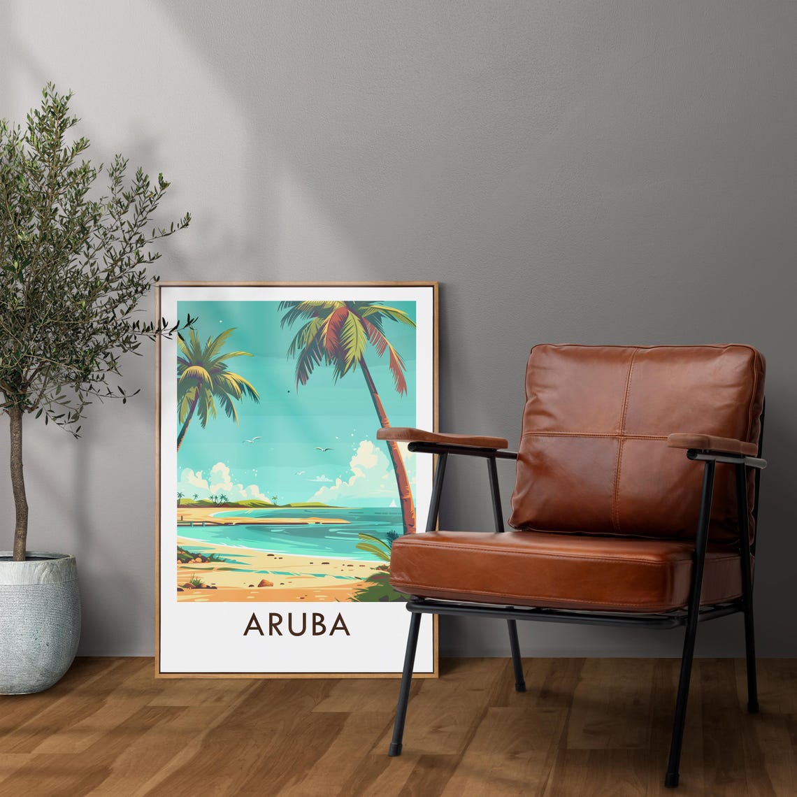 Aruba Caribbean Palm Trees Turquoise Beach Vintage Travel Poster - Image 2