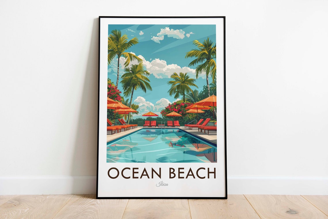 Ocean Beach Ibiza Spain Pool Palms Orange Umbrellas Travel Poster
