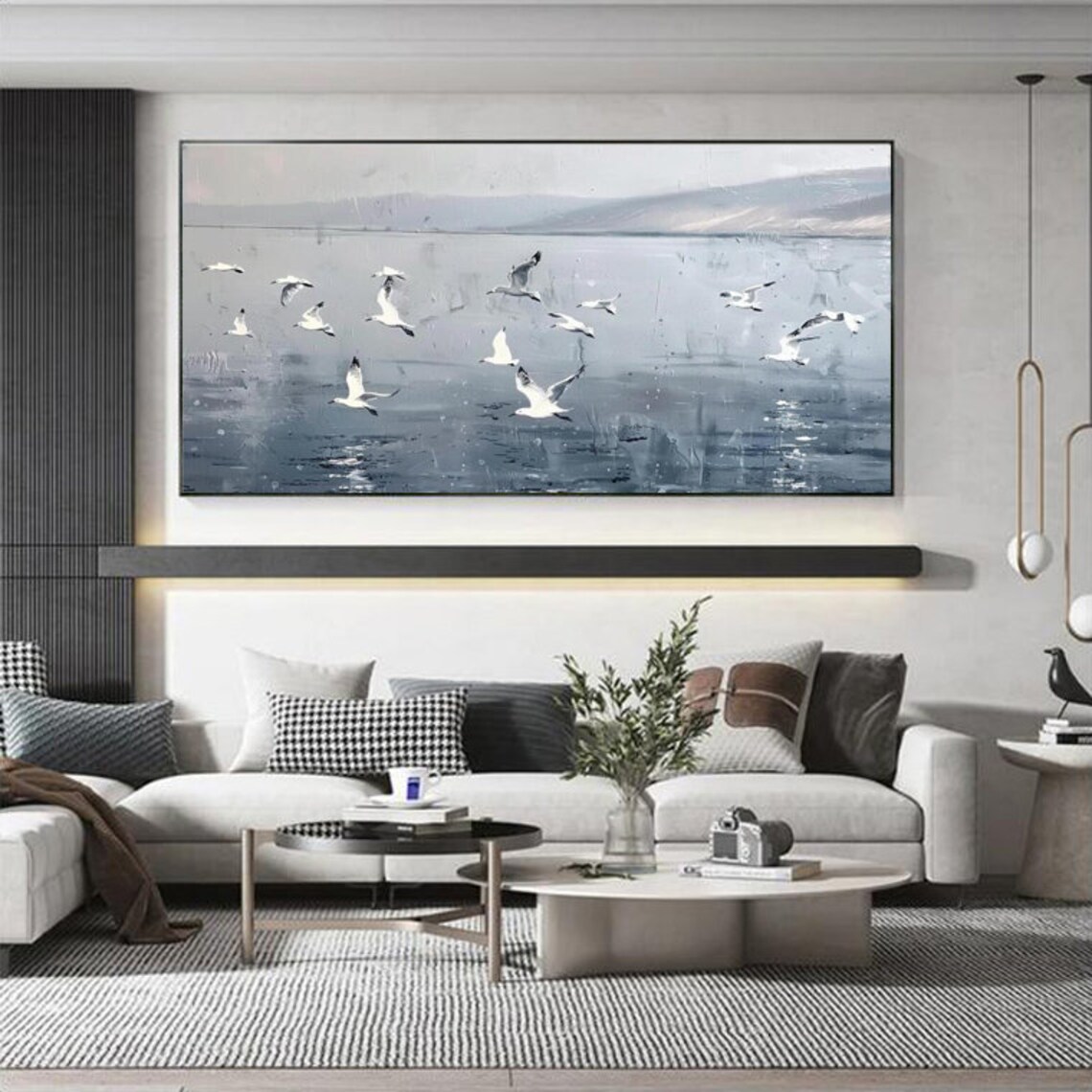 Seagulls Flying Over Grey Seascape Minimalist Bird Art Painting Poster - Image 4