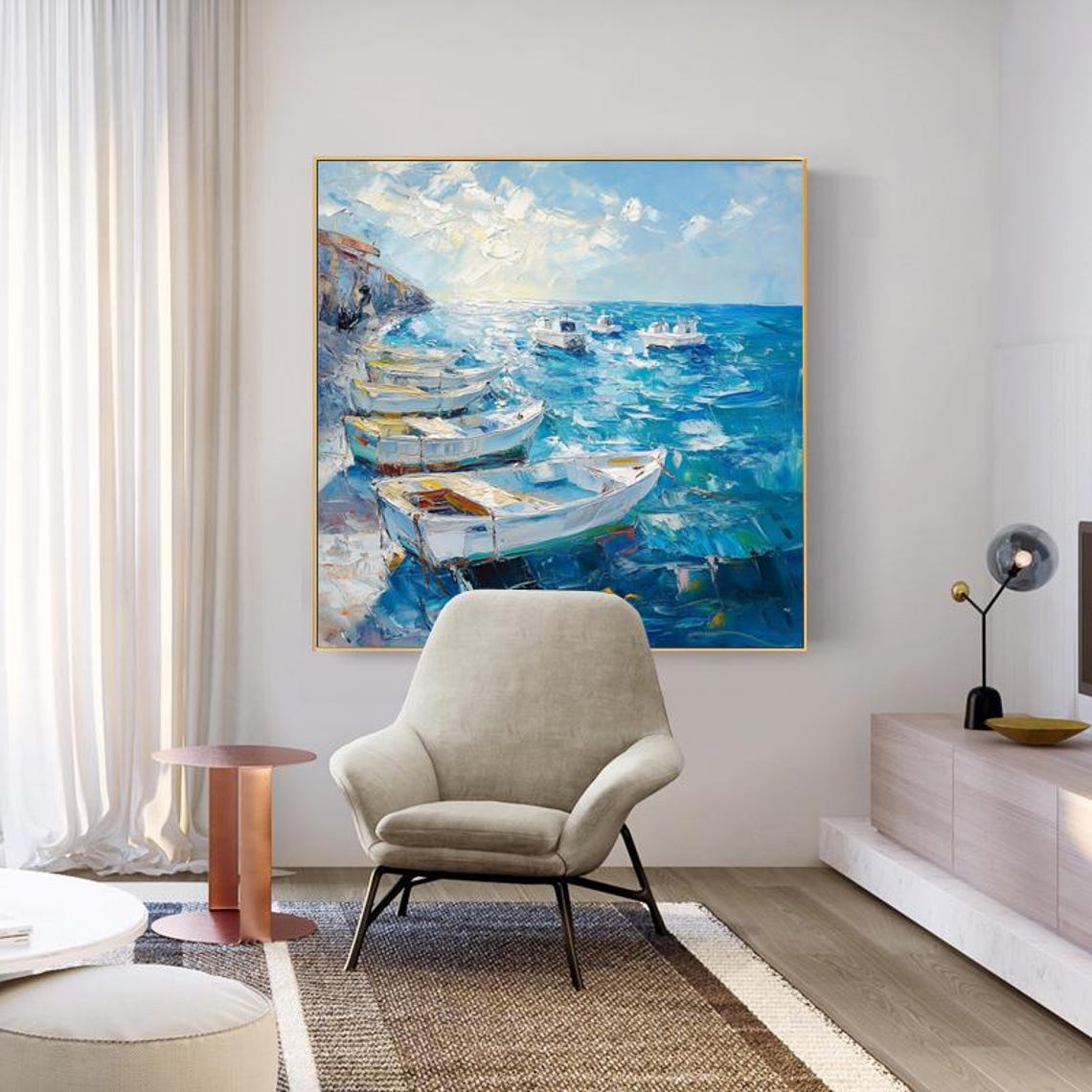 White Fishing Boats Bobbing on a Sparkling Blue Harbor Wall Art - Image 5