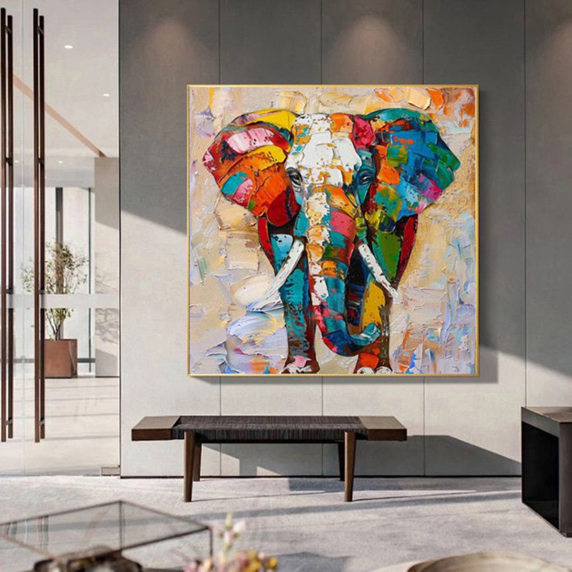 Colorful Elephant Rainbow Mosaic Palette Knife Painting Poster - Image 6