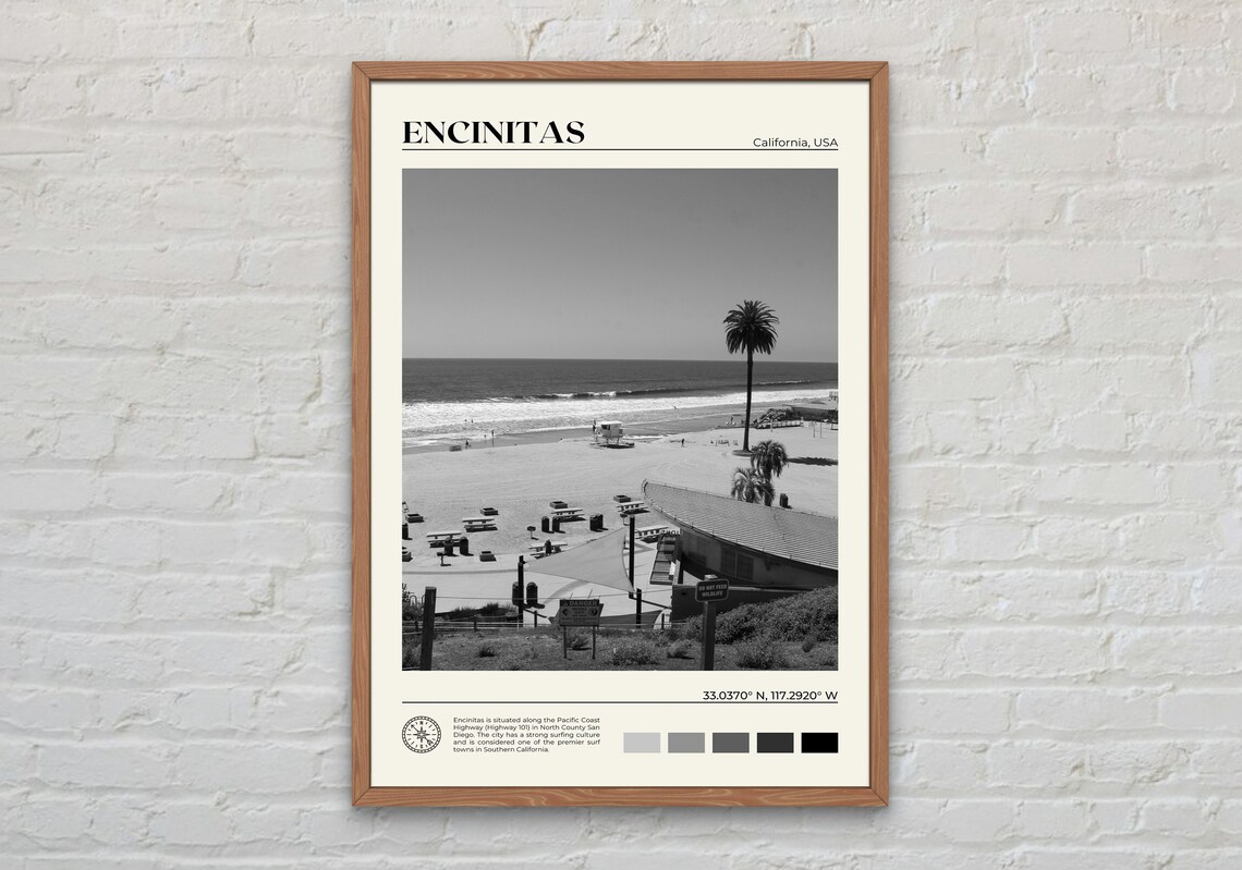 Black And White Encinitas Travel Poster, California