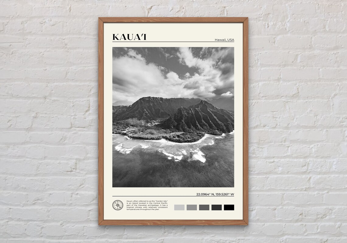 Black And White Kauai Travel Art Print, Hawaii
