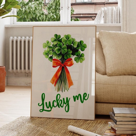 Lucky Me St Patricks Day Wall Art Shamrock Bouquet Red Bow Coquette Room Decor Trendy St Patricks Print Instant Gift