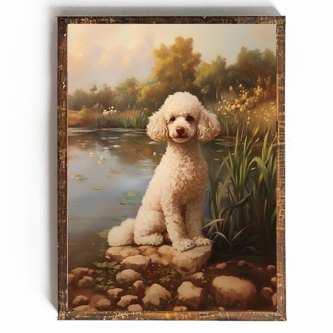 White Poodle Sitting by a Pond at Golden Hour Vintage Dog Poster