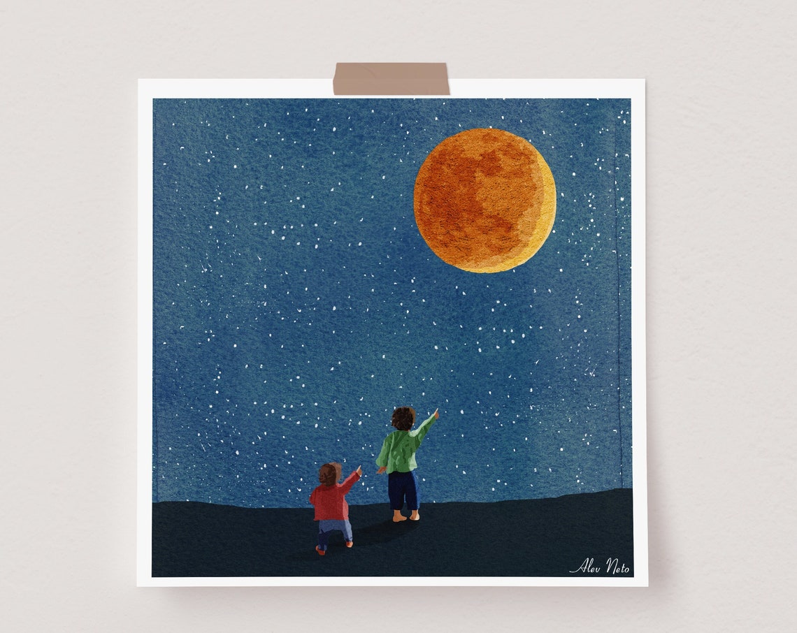 Big Red Moon and Stars Night Sky Children Illustration Poster
