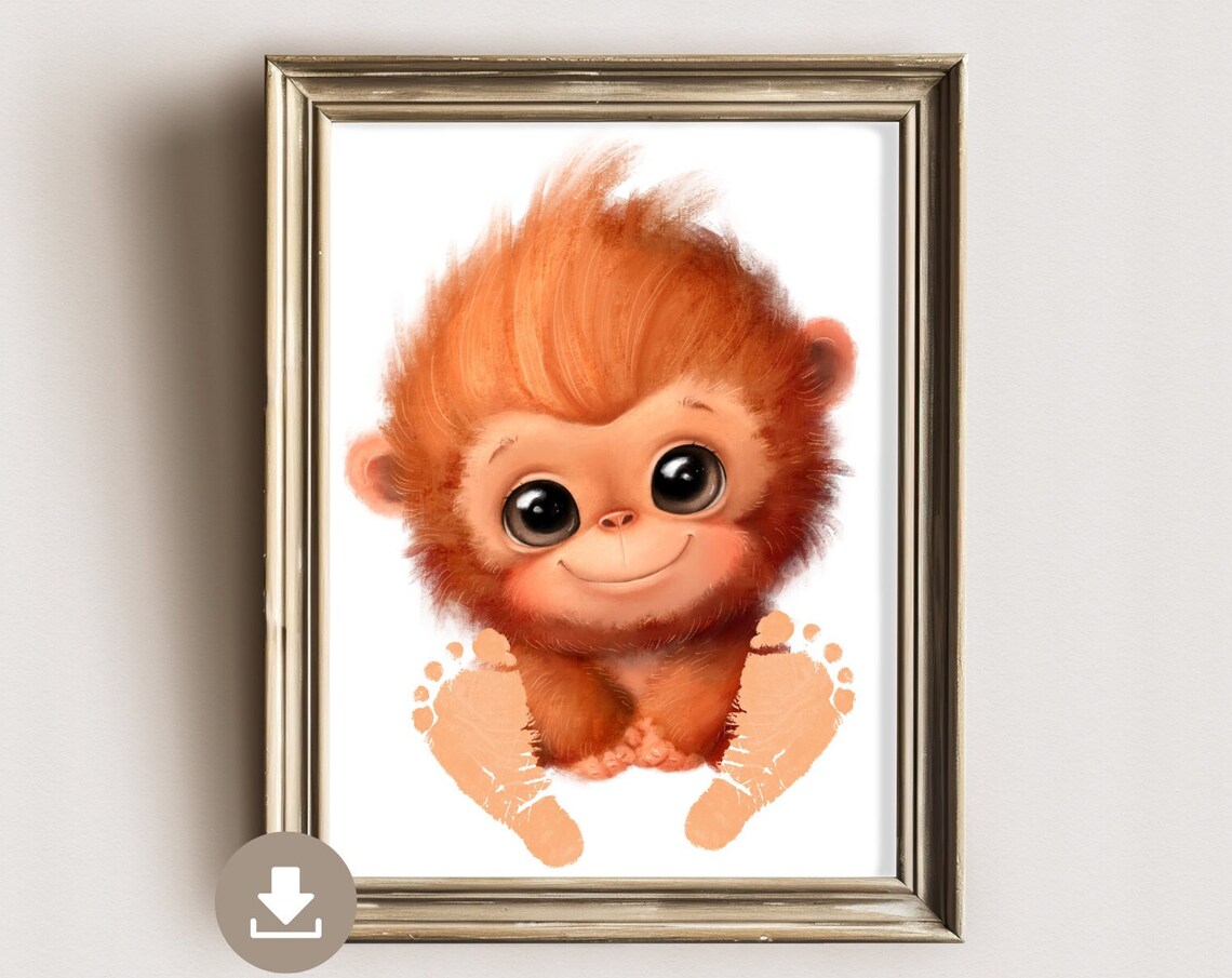 Cute Sweet Orange Monkey Baby Footprint Nursery Keepsake Poster