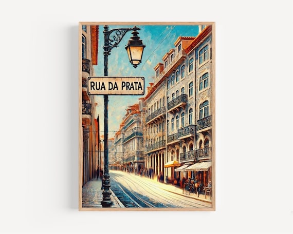 Rua da Prata Lisbon Oil Painting Sunny Tram Street Scene Poster