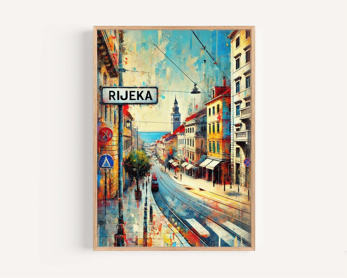 Rijeka Croatia Tram Street Scene Vintage Travel Illustration Print