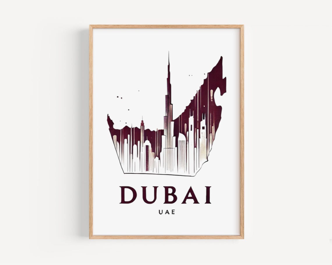 Dubai UAE Burgundy Skyline Map Silhouette Modern Travel Poster