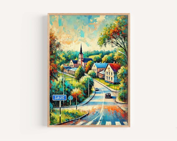 Saue Estonia Church Town Retro Travel Illustration Art Poster