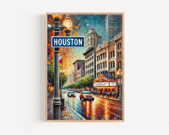 Houston Texas Rainy Downtown Street Impasto Painting Poster Art