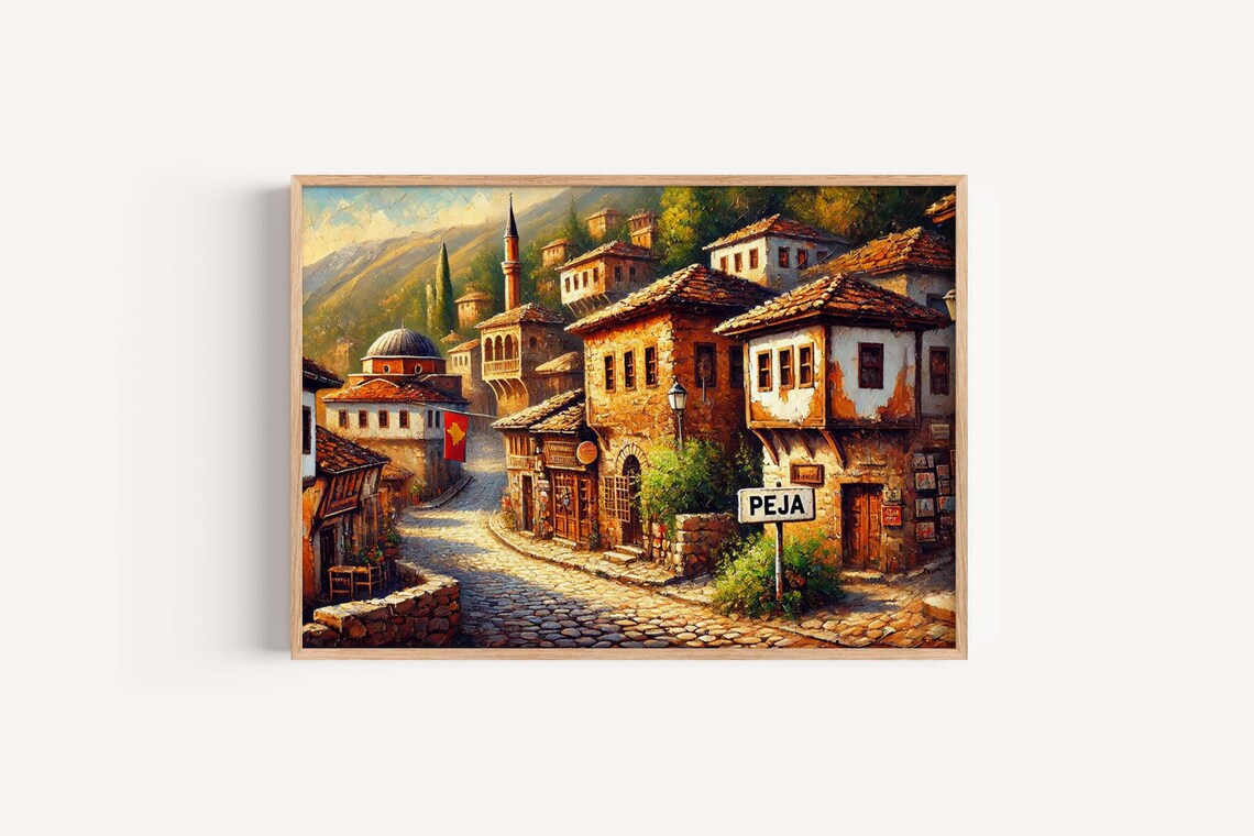 Peja Kosovo Old Town Street Stone Houses Oil Painting Style Poster