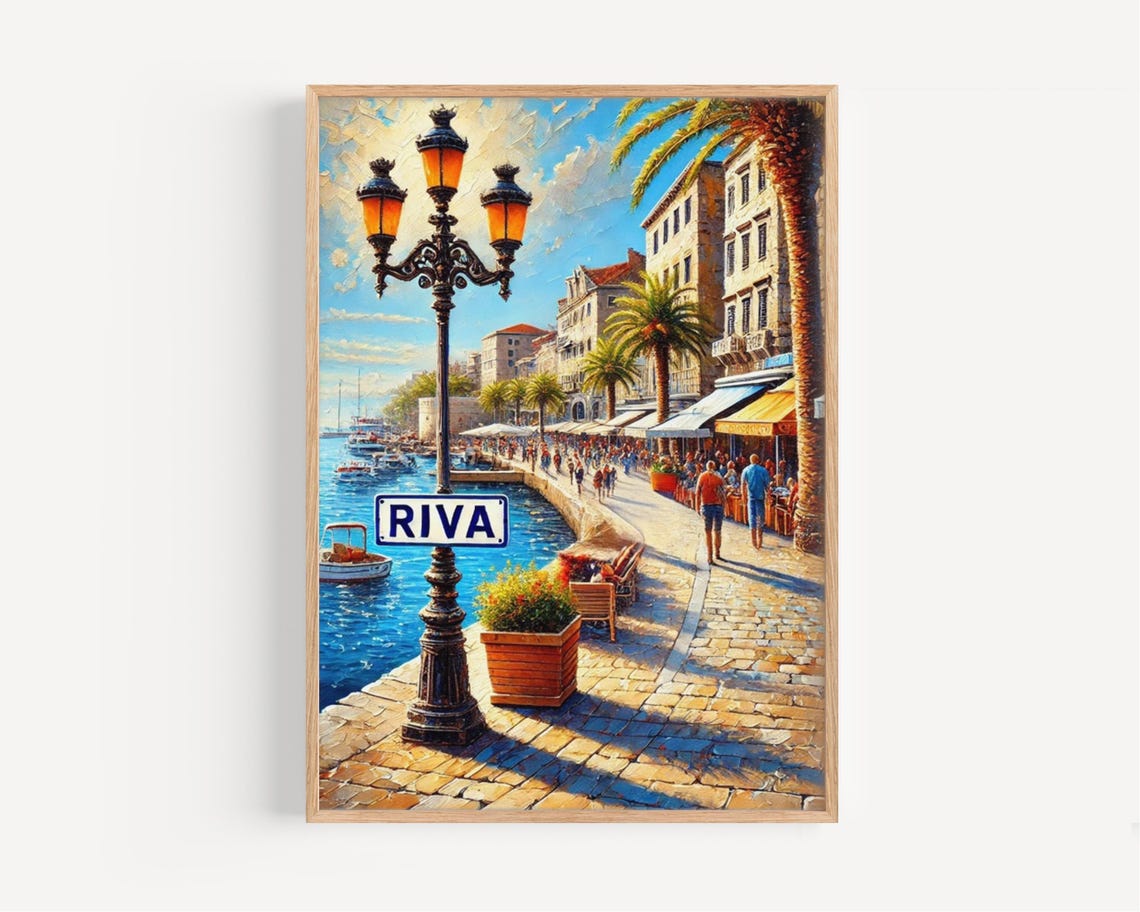 Riva Croatia Waterfront Promenade Sunny Painting Travel Poster