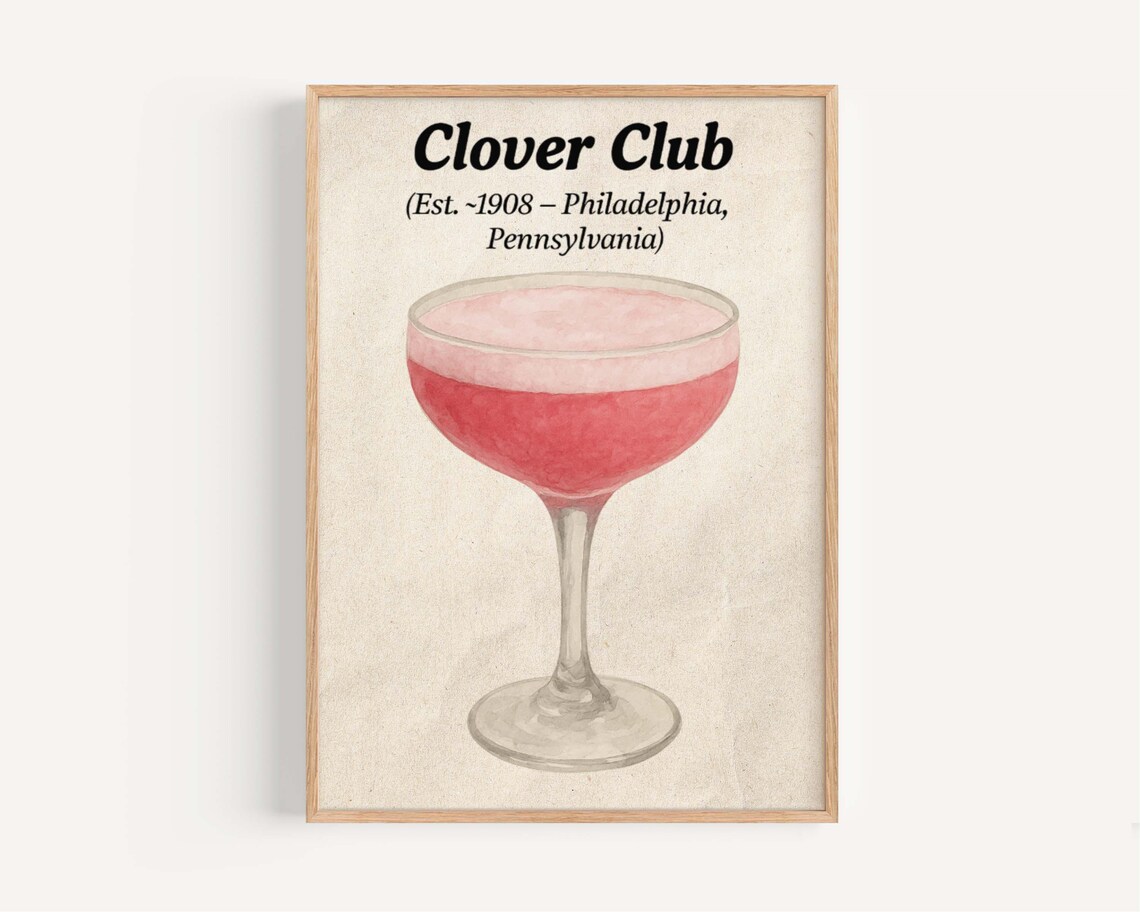 Clover Club Pink Cocktail Watercolor Philadelphia Bar Poster