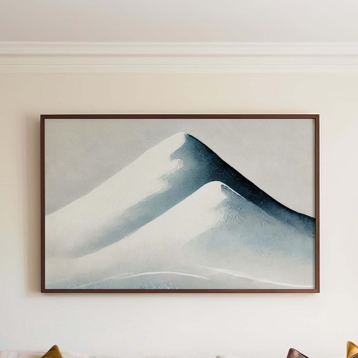 Abstract Blue Watercolor Lone Mountain Peak in Mist Art Print