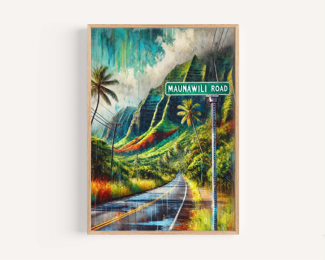 Maunawili Road Oahu Hawaii Lush Mountain Road Street Sign Travel Poster