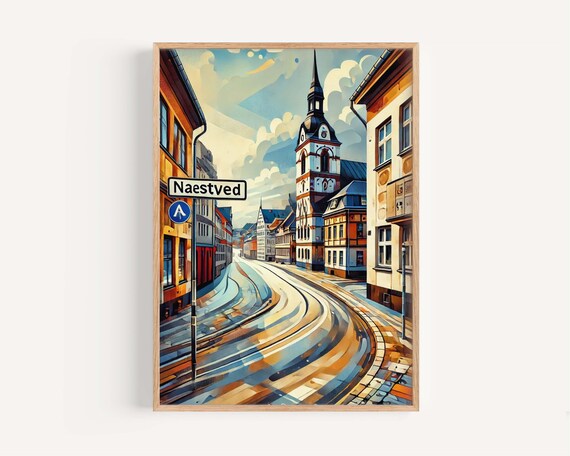 Naestved Denmark Curved Cobblestone Street Church Art Poster