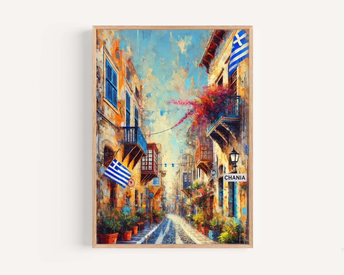 Chania Greece Old Town Street Greek Flags Bougainvillea Painting Poster