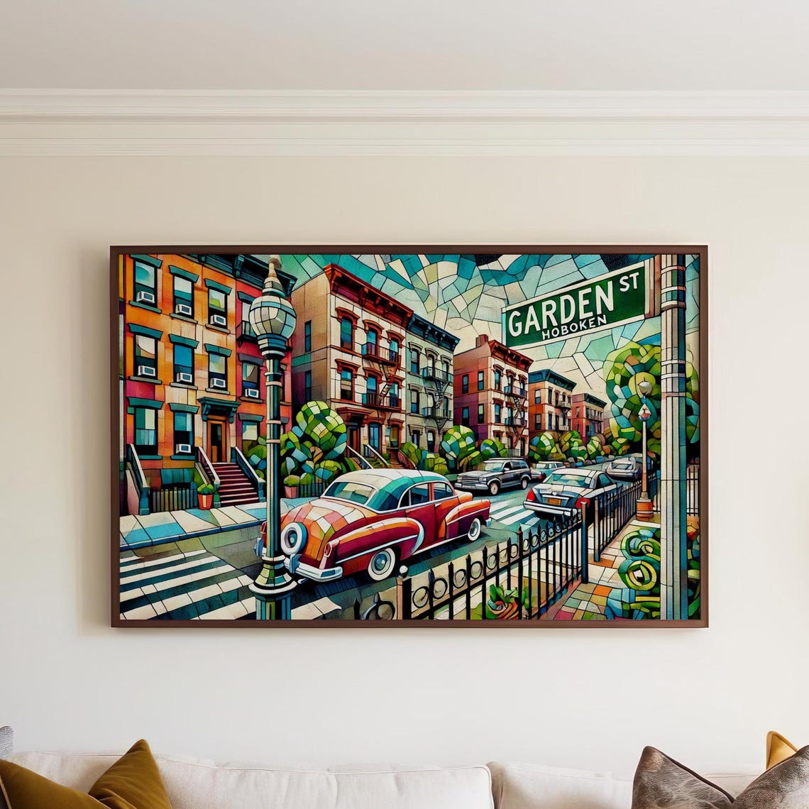Garden Street Hoboken Cubist Street Scene Classic Car Art Print