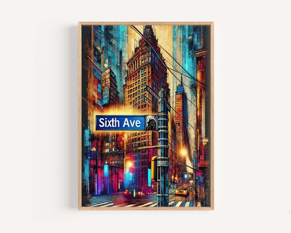 Sixth Ave Manhattan Night City Lights NYC Street Sign Art Poster