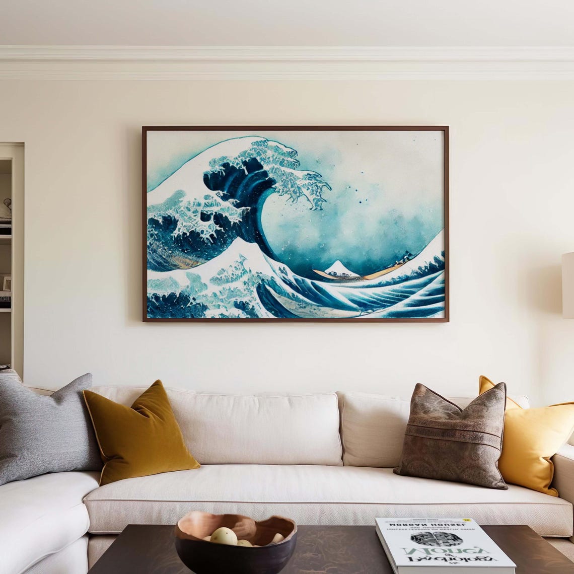 Great Wave Inspired Japanese Watercolor Mt Fuji Ocean Art Poster