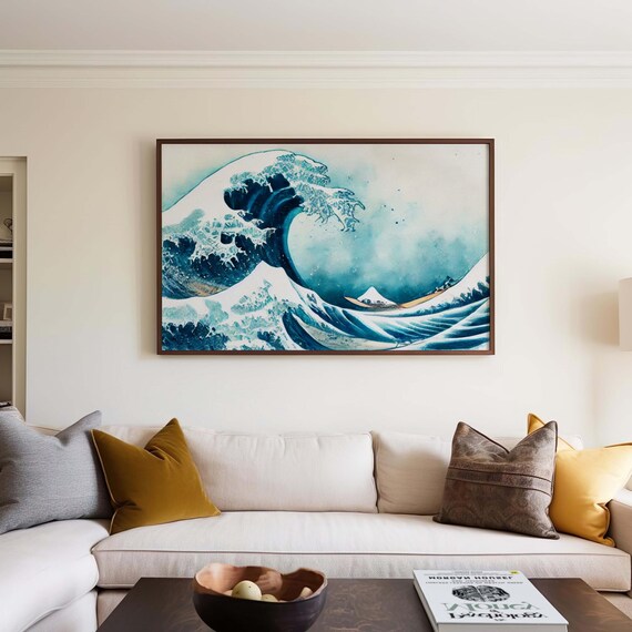 Great Wave Inspired Japanese Watercolor Mt Fuji Ocean Art Poster