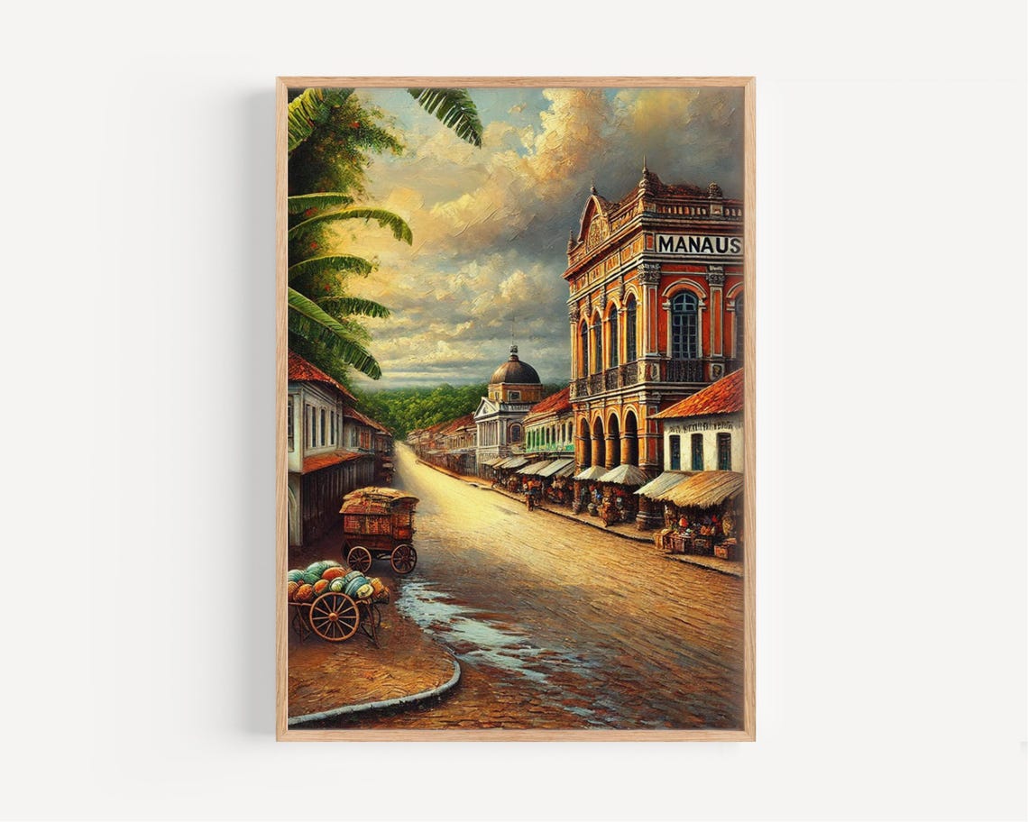 Sunset Manaus Brazil Colonial Riverside Street Tropical Travel Poster