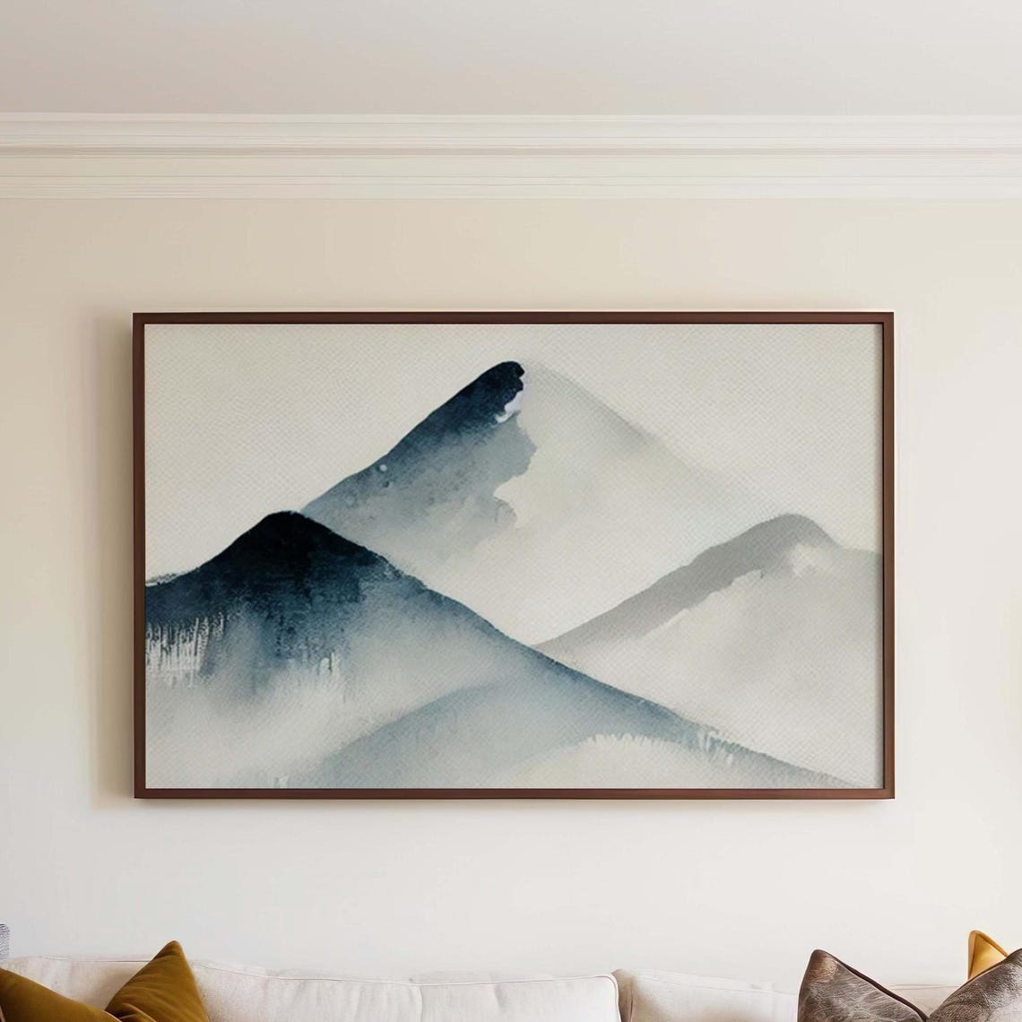 Twin Misty Mountain Peaks Ink Watercolor Abstract Art Wall Print