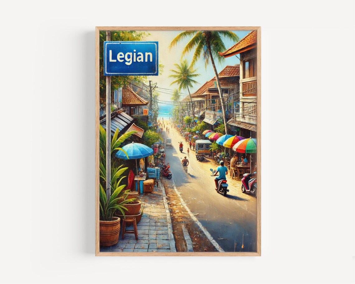 Legian Bali Street Painting Blue Sign Tropical Market Scene Poster
