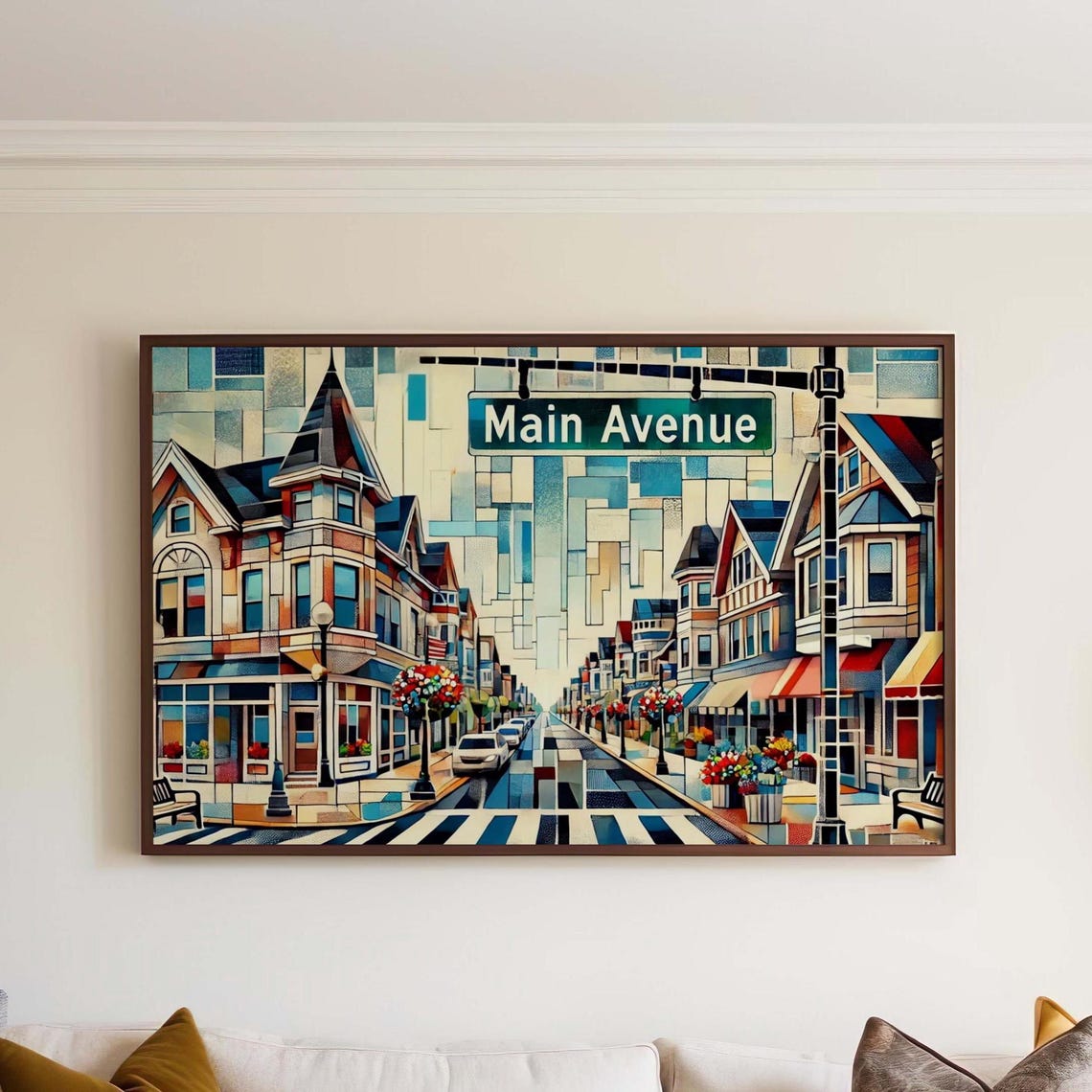 Main Avenue Cubist Street Scene Charming Victorian Houses Art Print