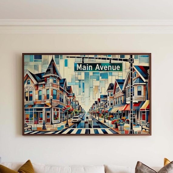 Main Avenue Cubist Street Scene Charming Victorian Houses Art Print
