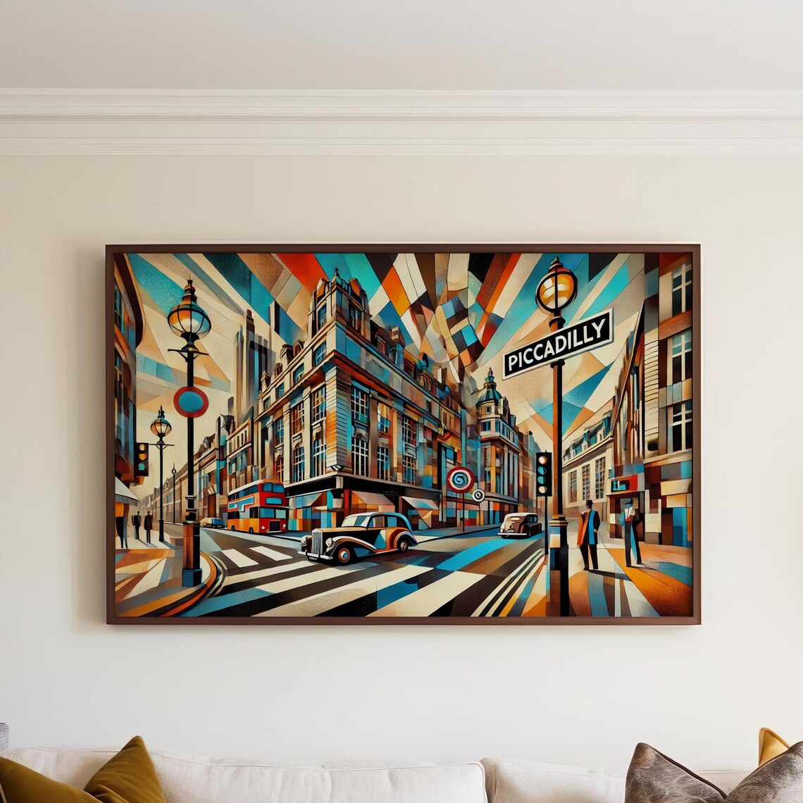 Vintage Piccadilly London Geometric Art Deco Street Scene Poster