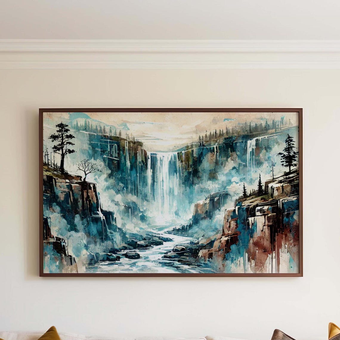 Tall Waterfall Misty Blue Cliffs Watercolor Landscape Painting Poster