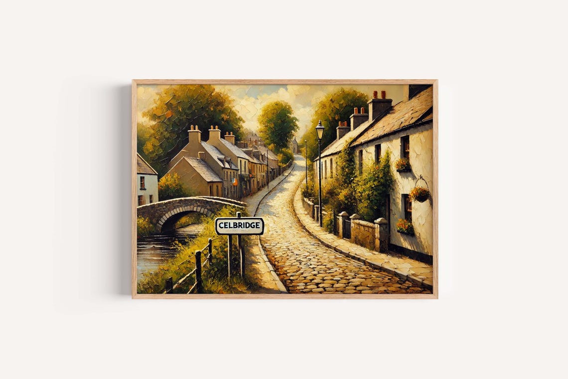 Celbridge Ireland Cobblestone Street Cottage Bridge Oil Style Poster