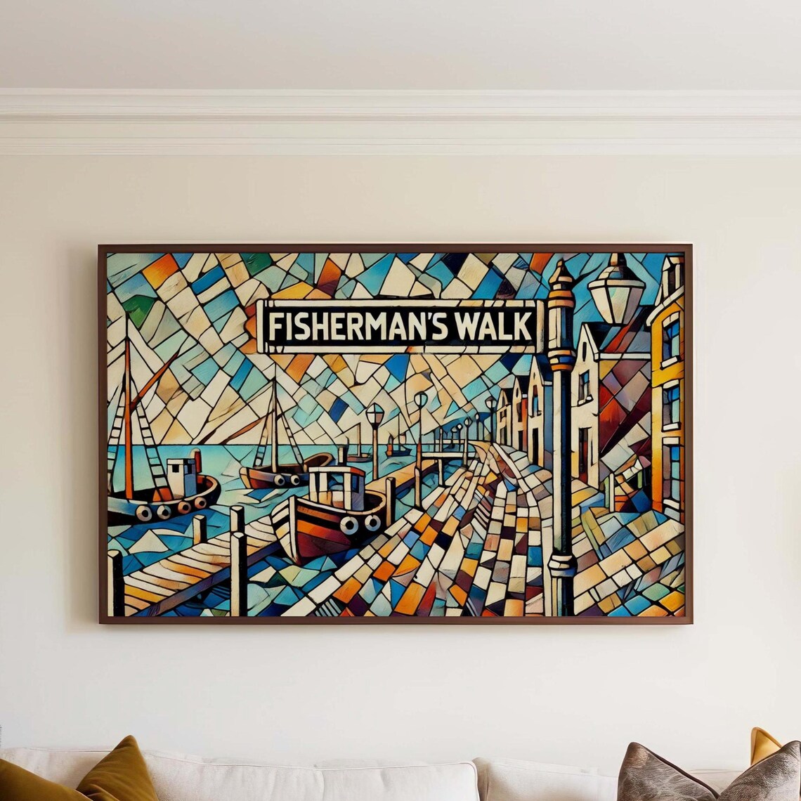 Fisherman's Walk Brielle Harbor Mosaic Art Colorful Coastal Street Scene Poster