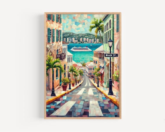 Caribbean Main St Travel Poster, Tropical Island Decor