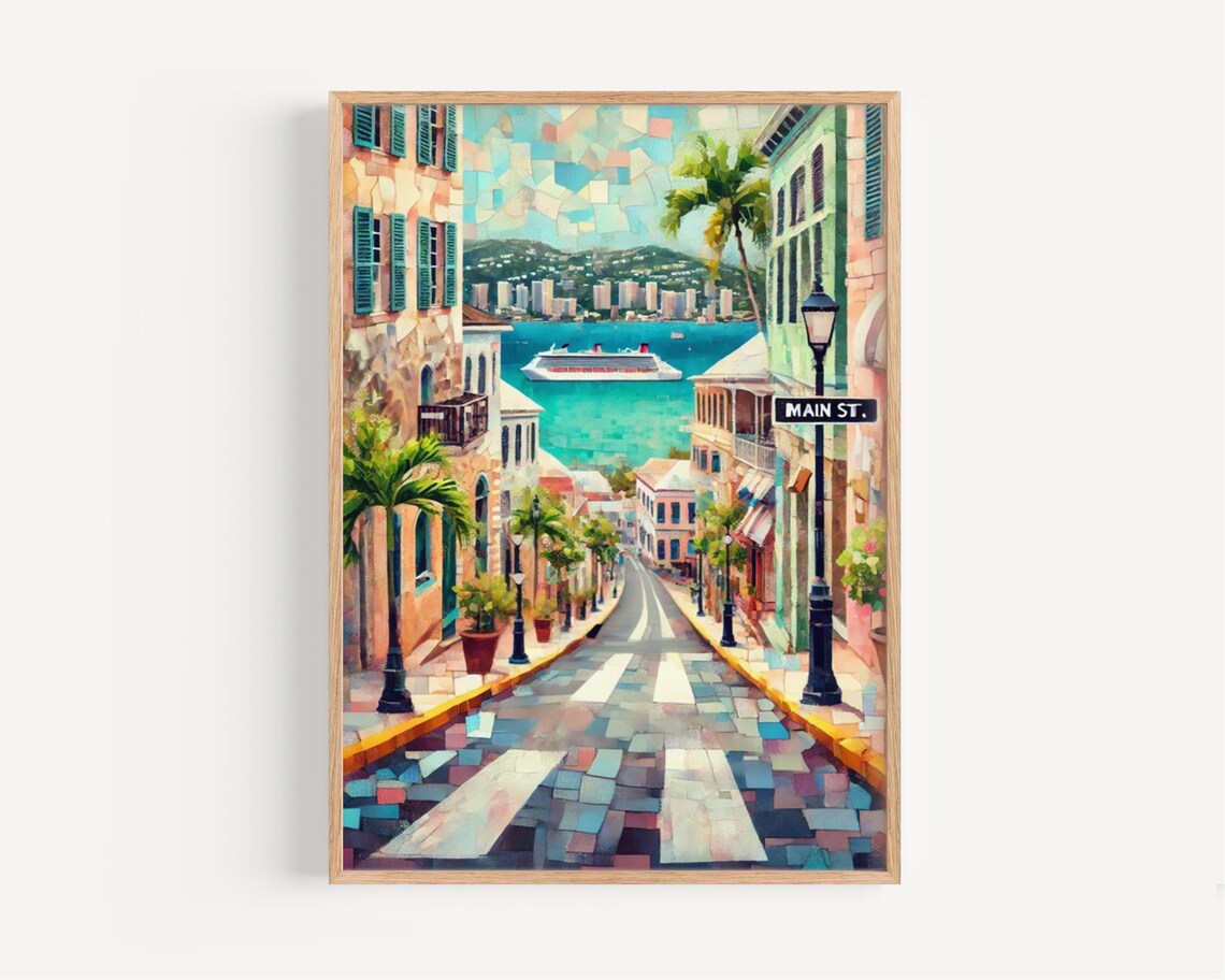 Caribbean Main St Travel Poster, Tropical Island Decor