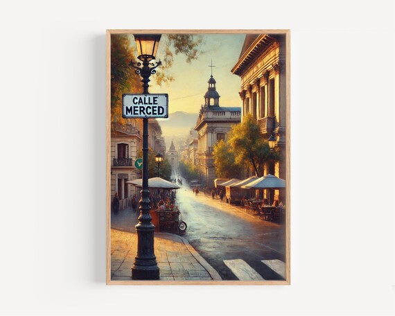Calle Merced Santiago Chile Cobblestone Street Cafe Scene Travel Poster