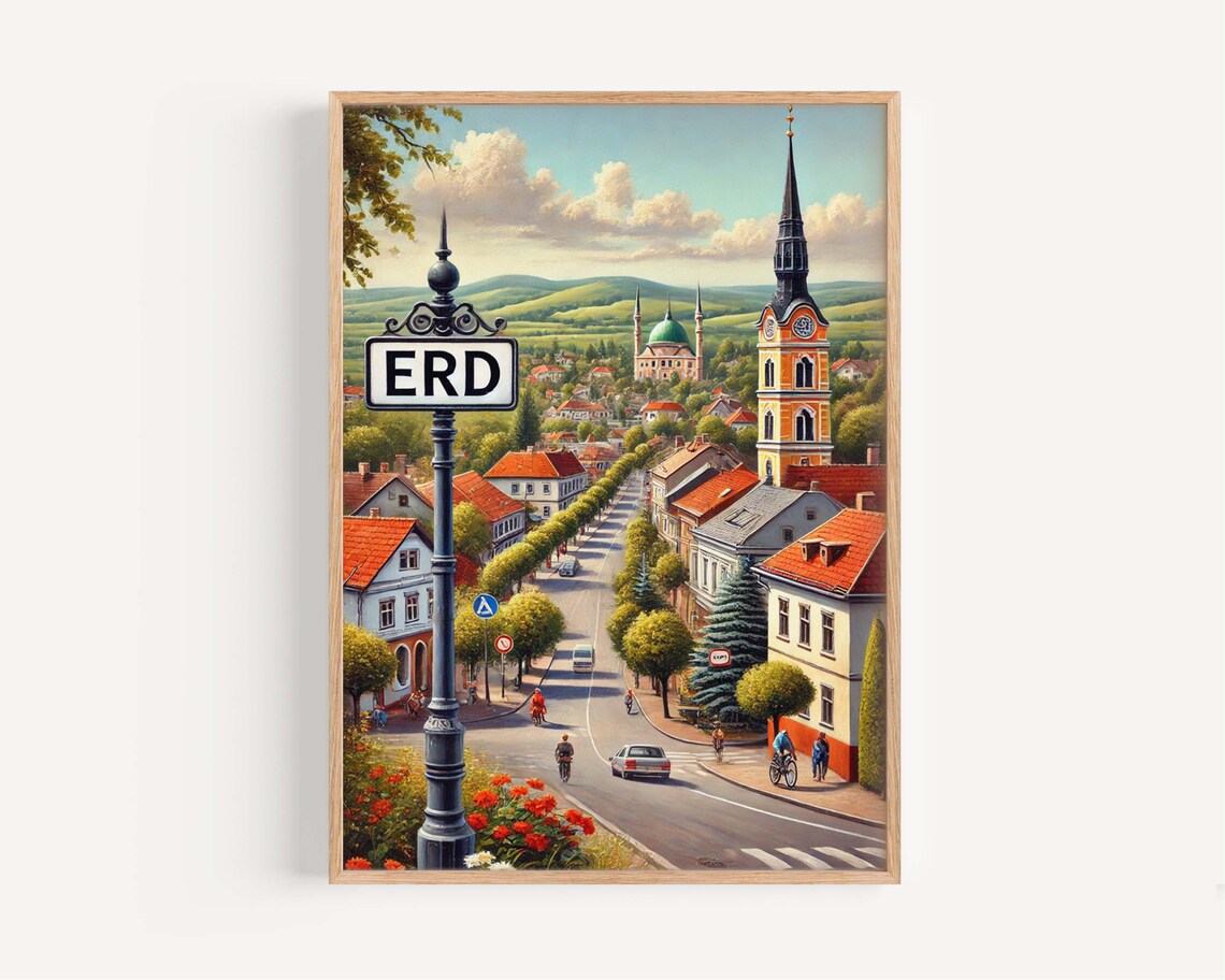 Erd Hungary Clock Tower Church Spire Sunlit Street Travel Poster