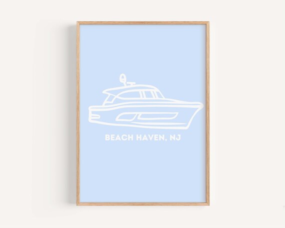 Beach Haven New Jersey Line Art Boat Coastal Blue Minimalist Poster