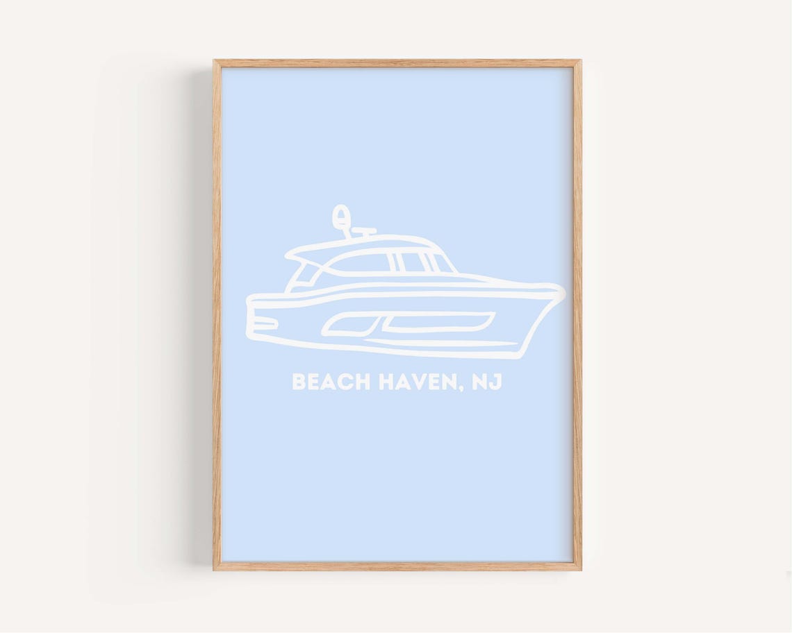 Beach Haven New Jersey Line Art Boat Coastal Blue Minimalist Poster