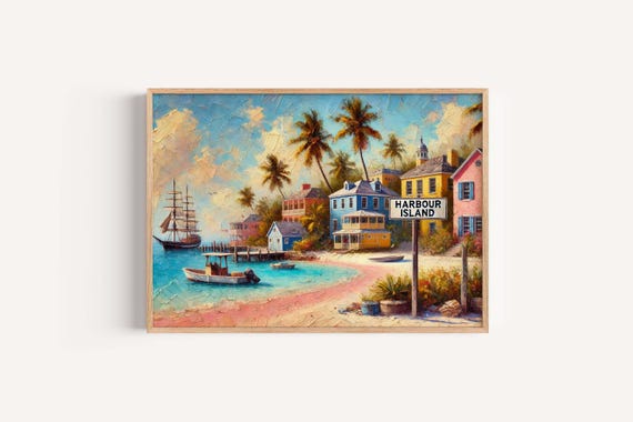 Harbour Island Bahamas Art Beach Wall Decor Tropical Poster Pink Sand Scene Coastal Travel Print Caribbean Vacation Gift