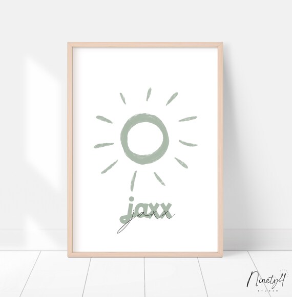 Boho Sage Green Watercolor Sun Personalized Jaxx Name Nursery Poster