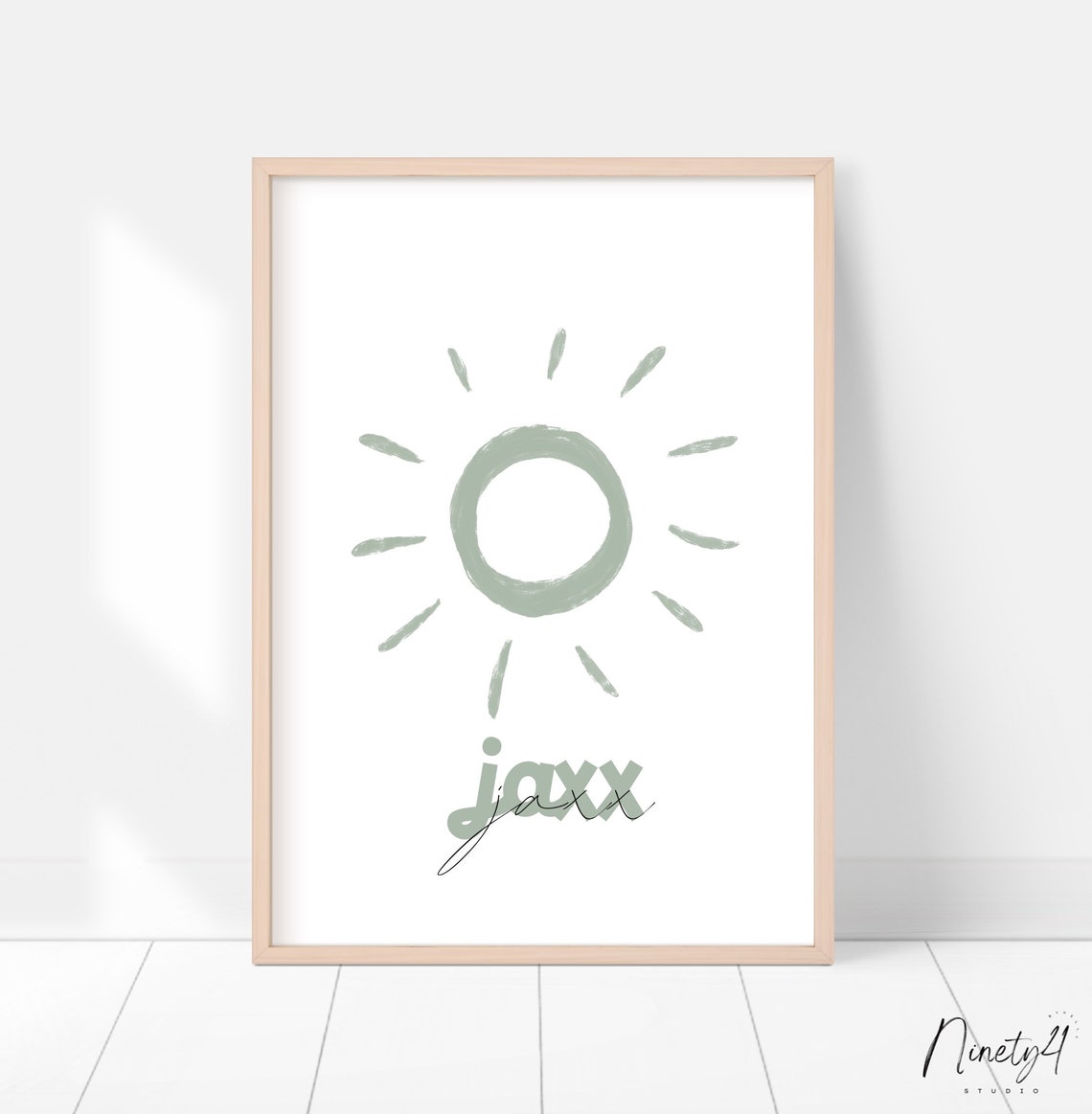 Boho Sage Green Watercolor Sun Personalized Jaxx Name Nursery Poster