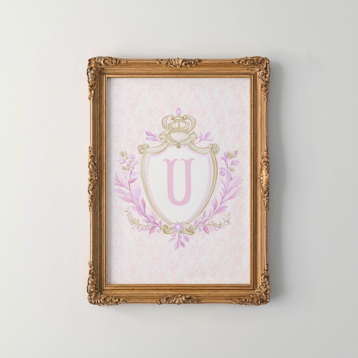 Pink Letter U Initial Monogram Crown Crest Floral Nursery Art Print