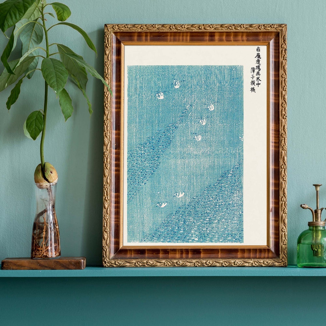 Teal Blue Lake With White Birds Modern Japanese Woodblock Poster - Image 2