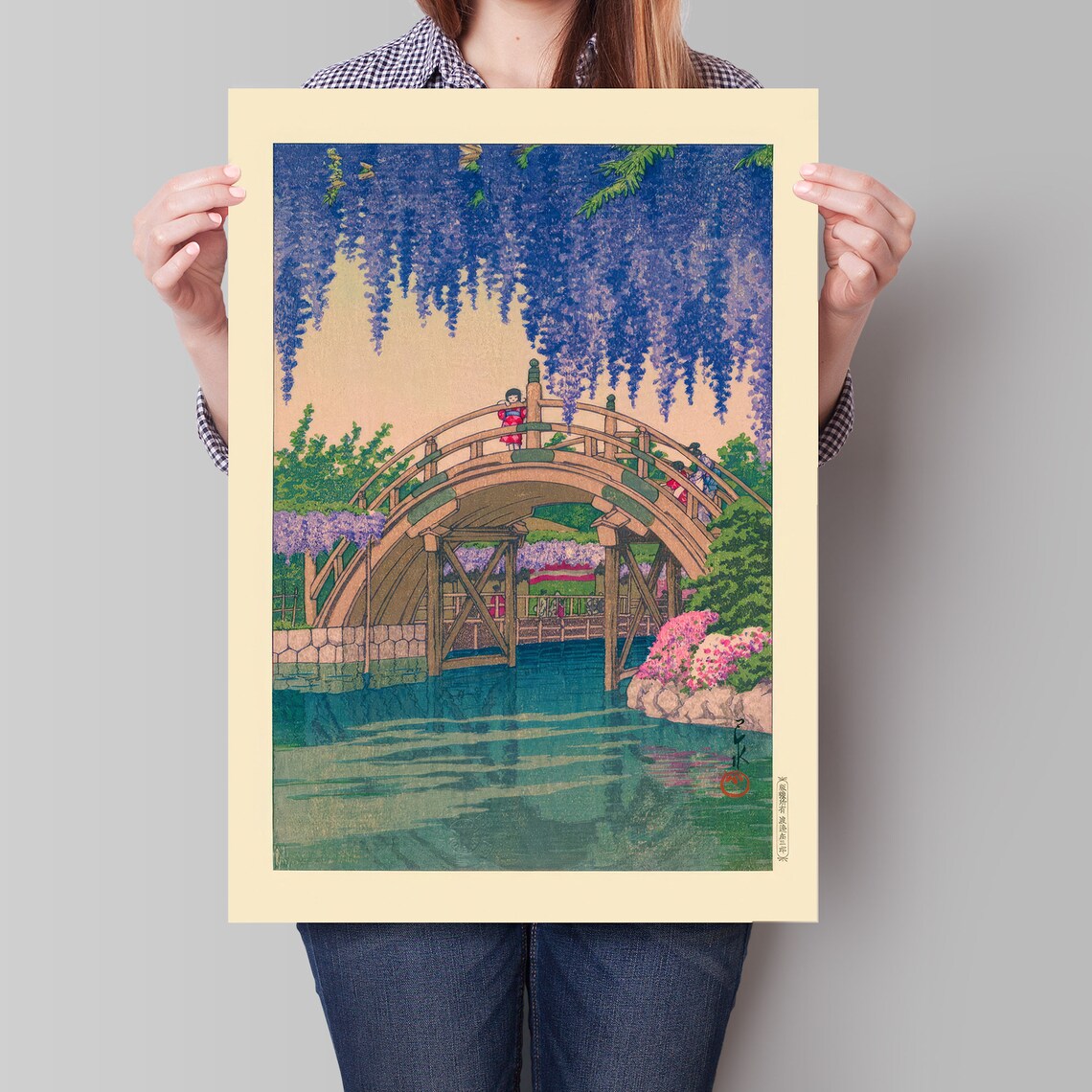 Japanese Wisteria Bridge Garden Woodblock Style Floral Art Poster - Image 4