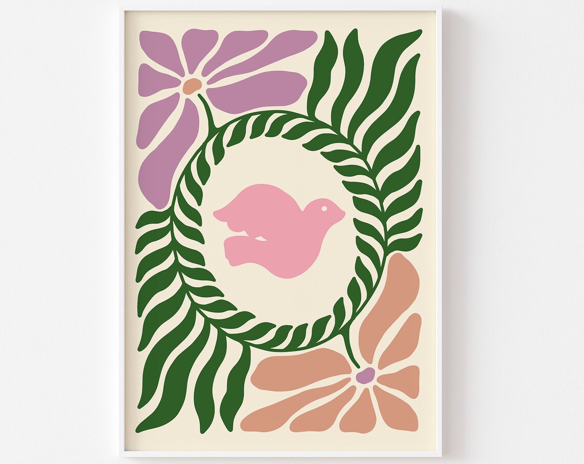 Retro Floral Wreath Pink Bird Botanical Folk Decorative Art Poster