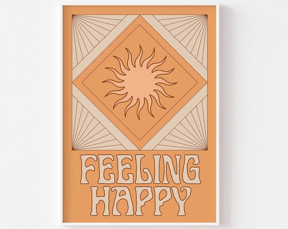 Feeling Happy Print Retro Bohemian Peach Earthy Colours 70s Hippie Psychedelic Art Deco Style Sunshine Positivity